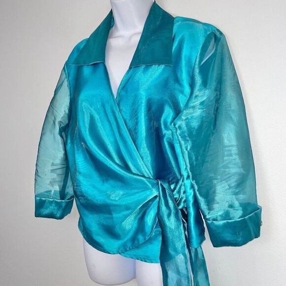 Vintage Helene Blake Womens Jacket Wrap Top XL Petite Blue Sheer - Picture 5 of 10